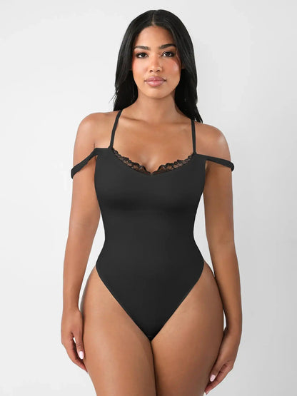 Lace-Trimmed Deep V Bodysuit