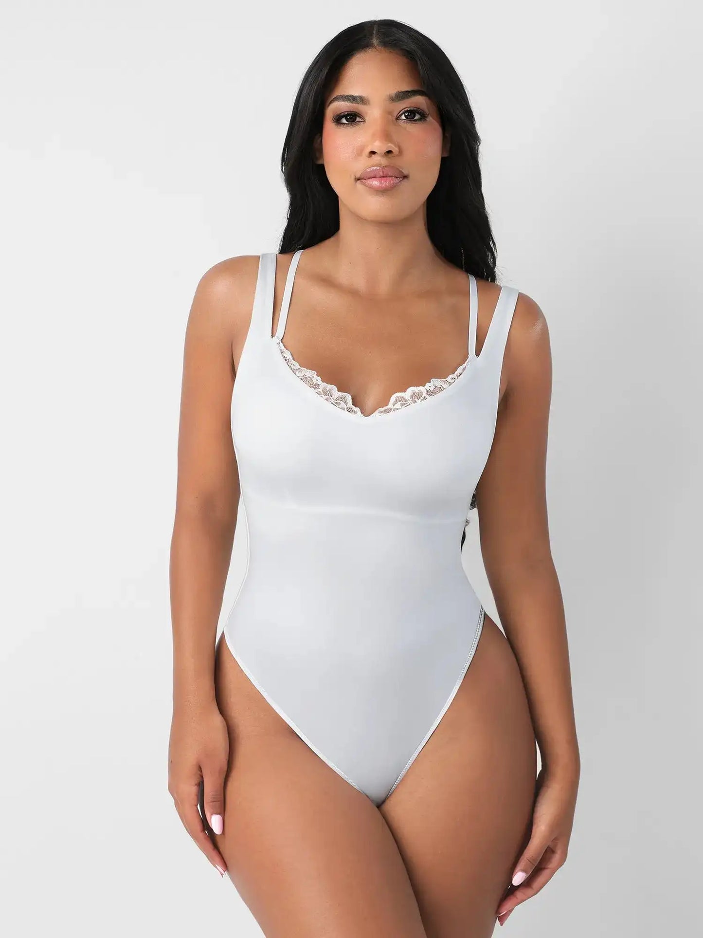Lace-Trimmed Deep V Bodysuit