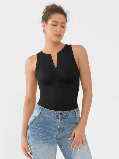Crew Neck Invisible Zip Ribbed Seamless Bodysuit