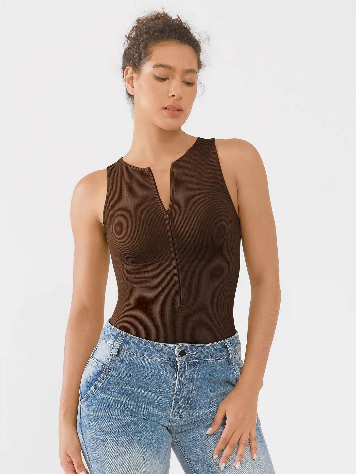 Crew Neck Invisible Zip Ribbed Seamless Bodysuit