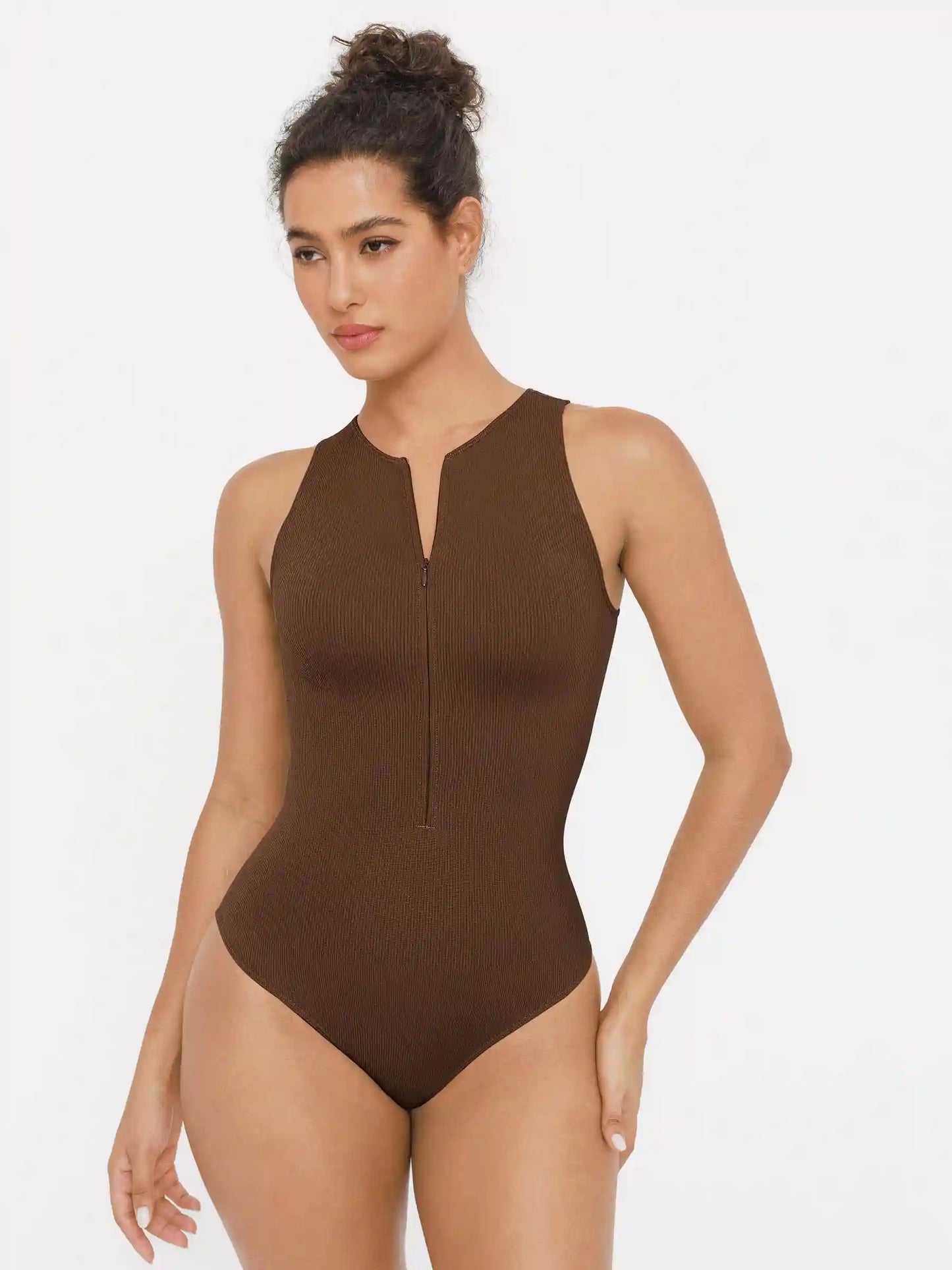 Crew Neck Invisible Zip Ribbed Seamless Bodysuit