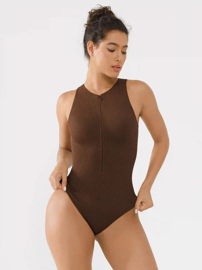 Crew Neck Invisible Zip Ribbed Seamless Bodysuit