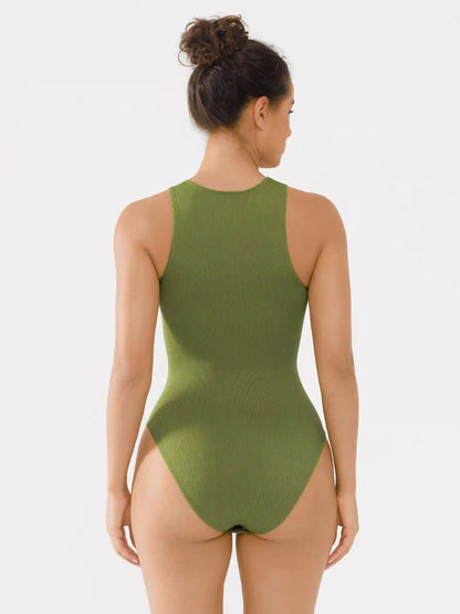 Crew Neck Invisible Zip Ribbed Seamless Bodysuit