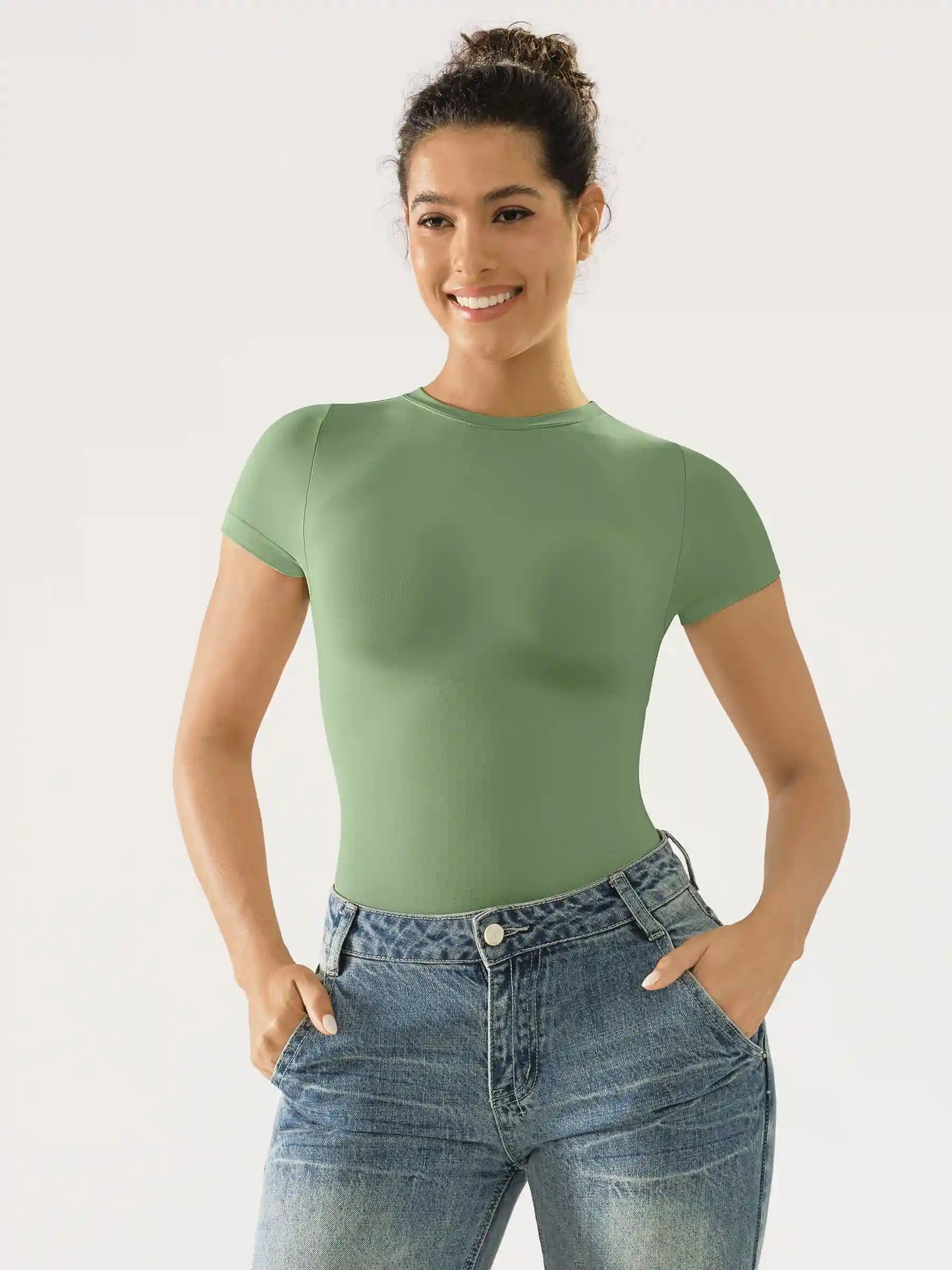 Crew Neck Seamless Short Sleeve Bodysuit