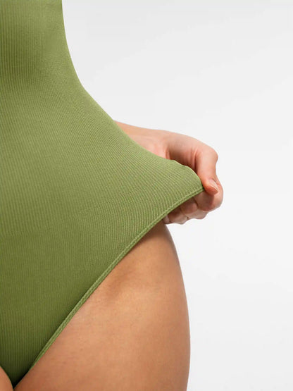 Crew Neck Invisible Zip Ribbed Seamless Bodysuit
