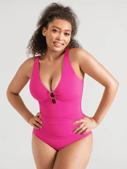 Deep V Metal Ring Ruched Sculpting Swimsuit