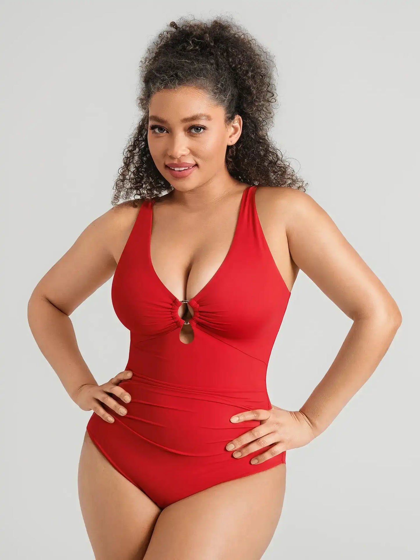 Deep V Metal Ring Ruched Sculpting Swimsuit