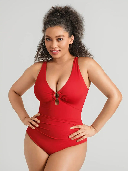 Deep V Metal Ring Ruched Sculpting Swimsuit