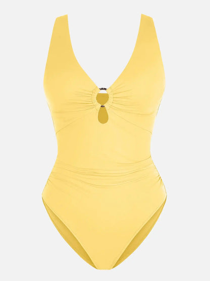 Deep V Metal Ring Ruched Sculpting Swimsuit