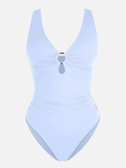Deep V Metal Ring Ruched Sculpting Swimsuit
