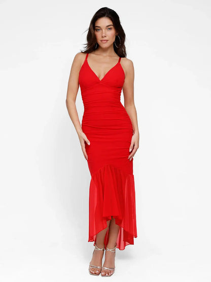 Popilush Shapewear Bluetag Cooling Ruched Mesh Bodycon Maxi Dress