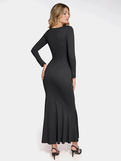 Popilush Shapewear Long Sleeve Lace Trim Sculpting Mermaid Maxi Dress