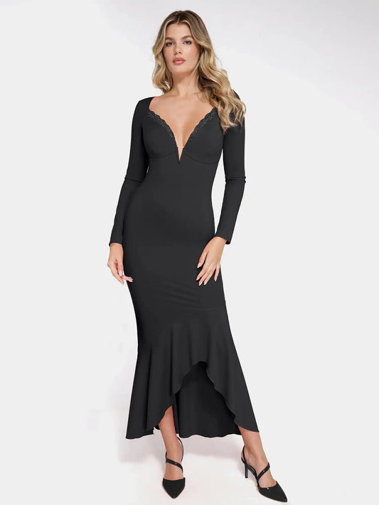 Popilush Shapewear Long Sleeve Lace Trim Sculpting Mermaid Maxi Dress