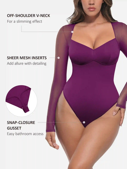 Mesh Panel V-Neck Bodysuit