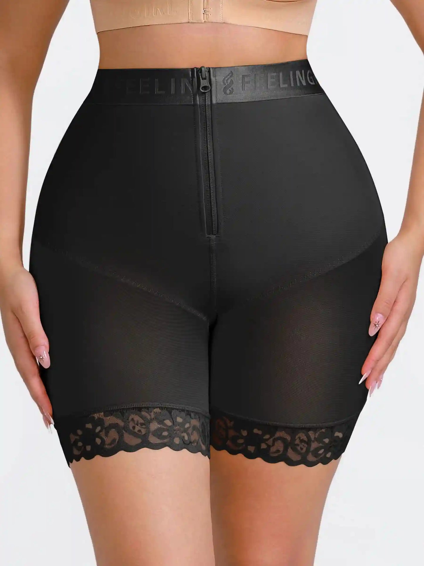 Front-Zip Mid-Waist Shaper Shorts