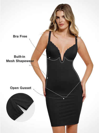 Popilush Shapewear Plunging V Lace Trim Bodycon Mini Dress