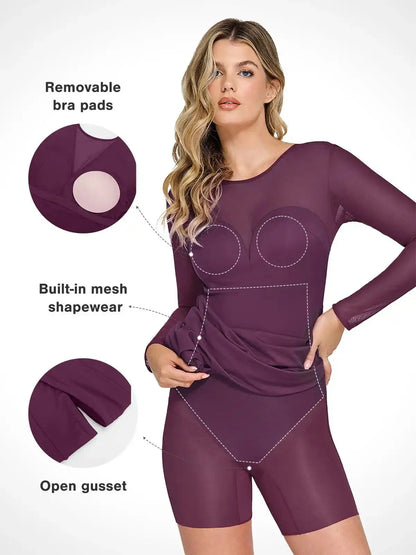 Popilush Shapewear Mesh Long Sleeve V-Back Slimming Maxi Dress
