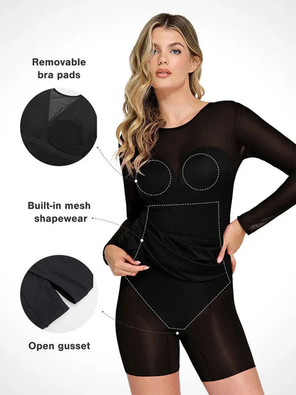 Popilush Shapewear Mesh Long Sleeve V-Back Slimming Maxi Dress