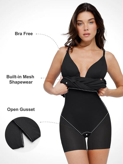 Popilush Bluetag Shapewear Plunging V Ruched Bodycon Mini Dress