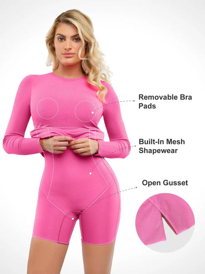 Popilush Shapewear Modal Long Sleeve Crew Neck Slimming Midi Dress