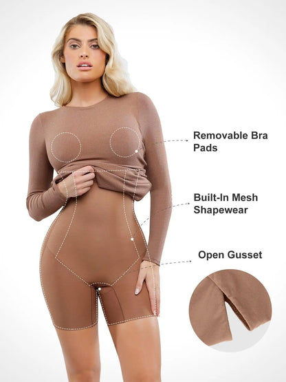 Popilush Shapewear Modal Long Sleeve Crew Neck Slimming Midi Dress