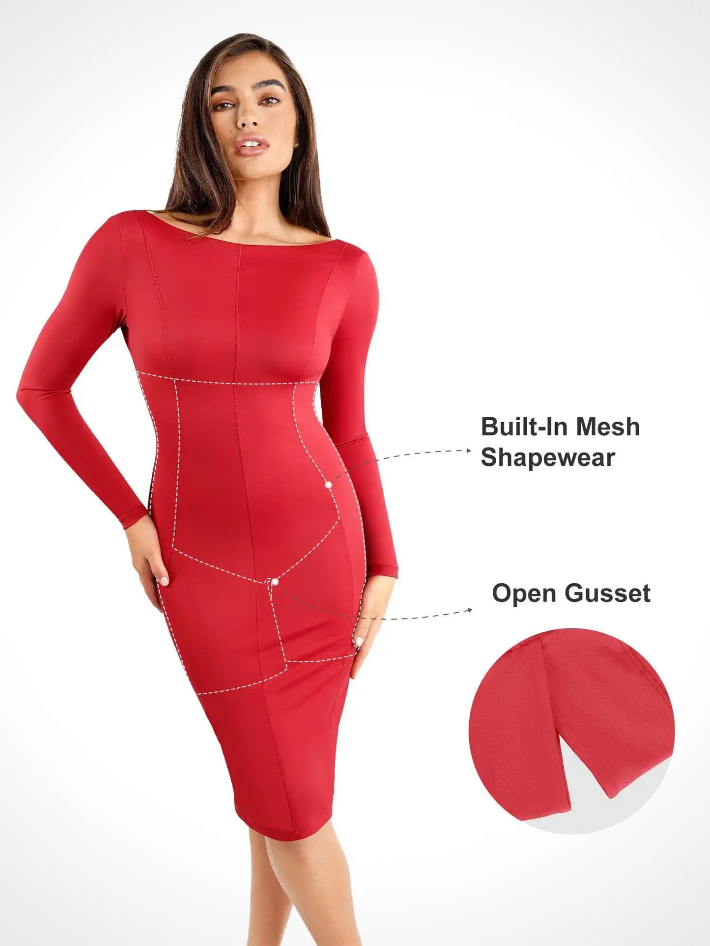 Popilush Shapewear Long Sleeve Boat Neck Sculpting Midi Dress
