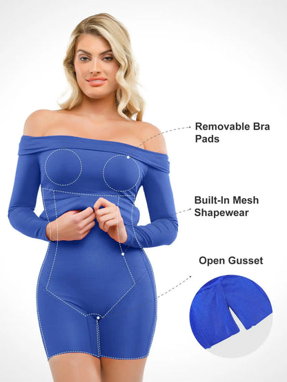Popilush Shapewear Long Sleeve Off-the-Shoulder Bodycon Mini Dress
