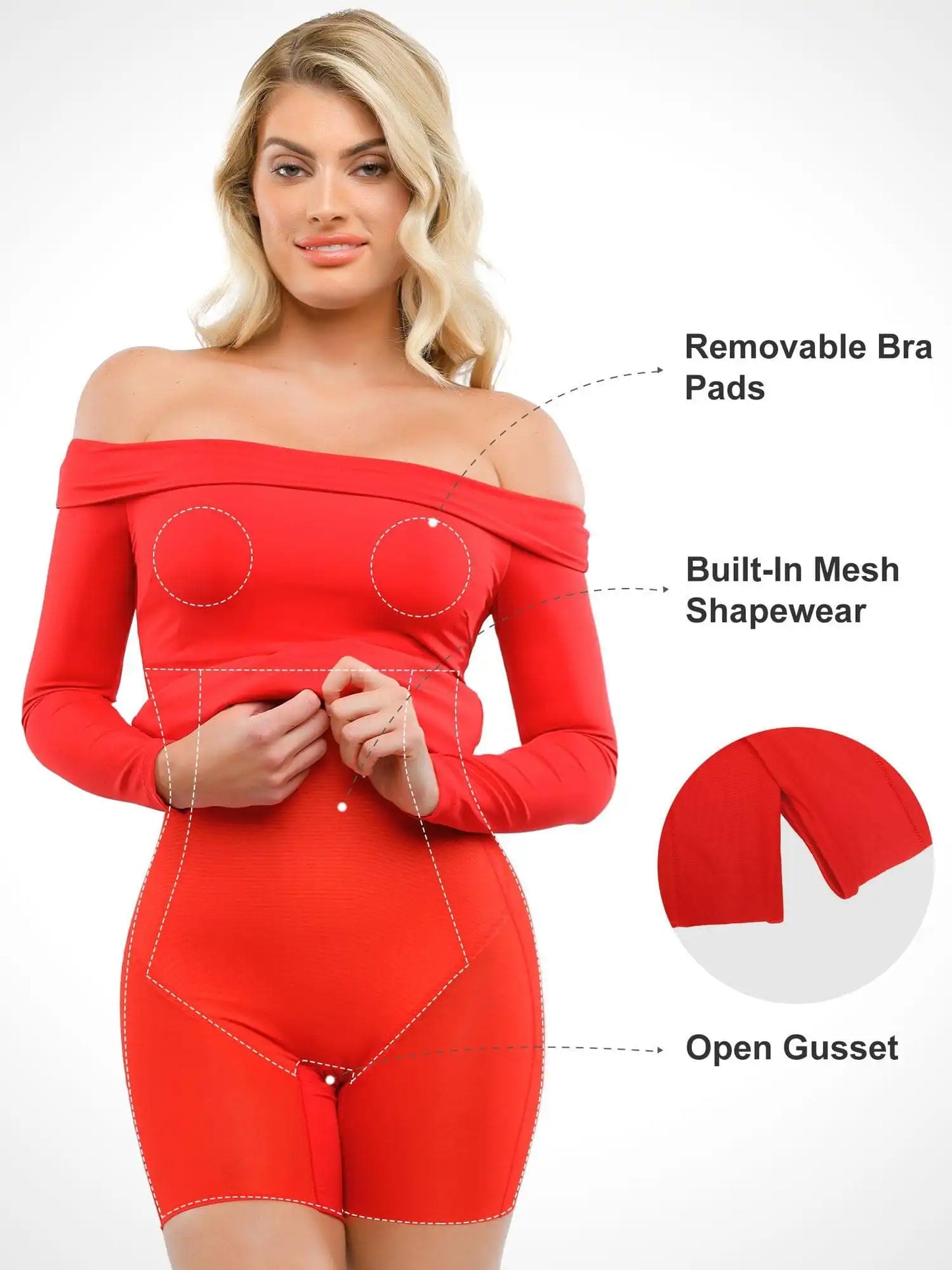 Popilush Shapewear Long Sleeve Off-the-Shoulder Bodycon Mini Dress