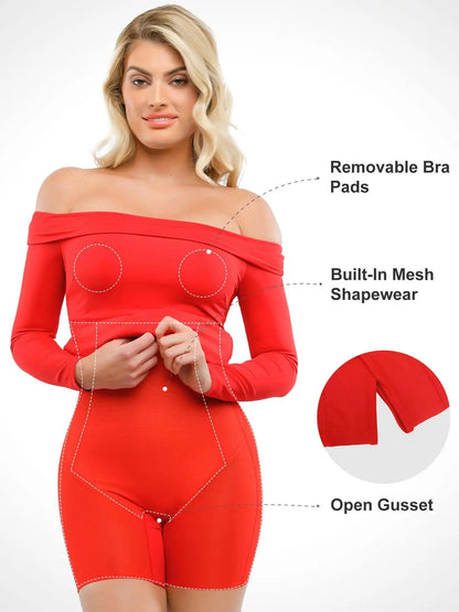 Popilush Shapewear Long Sleeve Off-the-Shoulder Bodycon Mini Dress