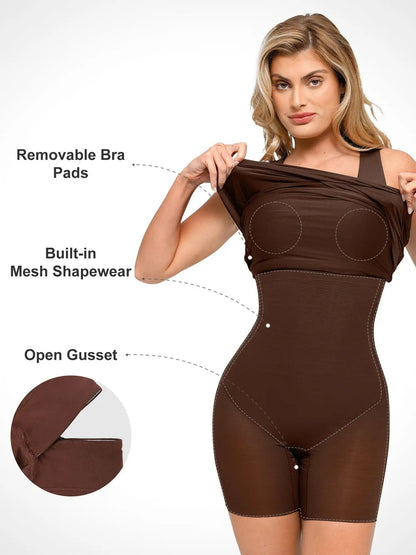 Popilush Shapewear Square Neck Sleeveless Ruched Bodycon Mini Dress