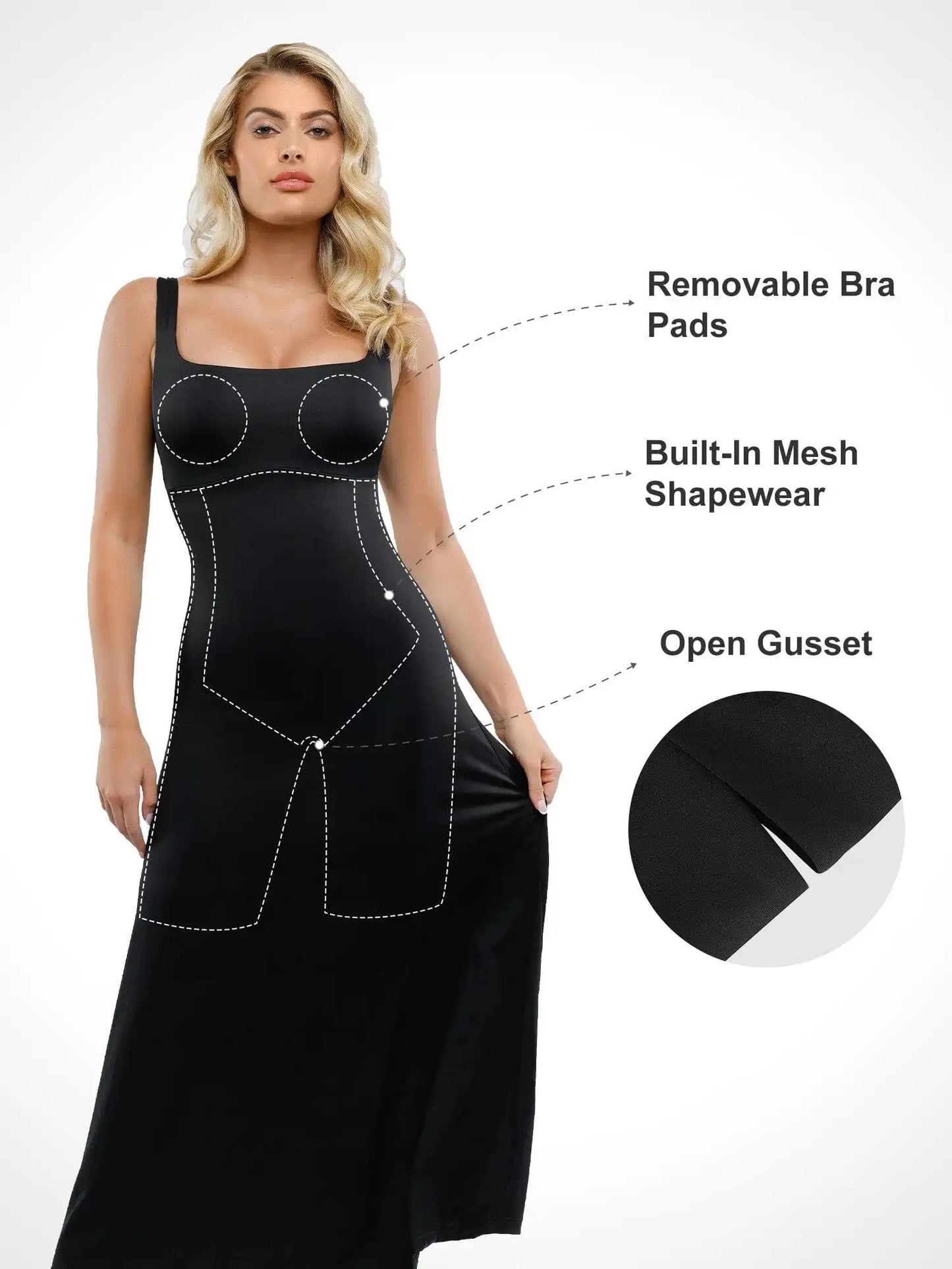 Popilush Shapewear Sleeveless Square Neck Houglass A-Line Maxi Dress