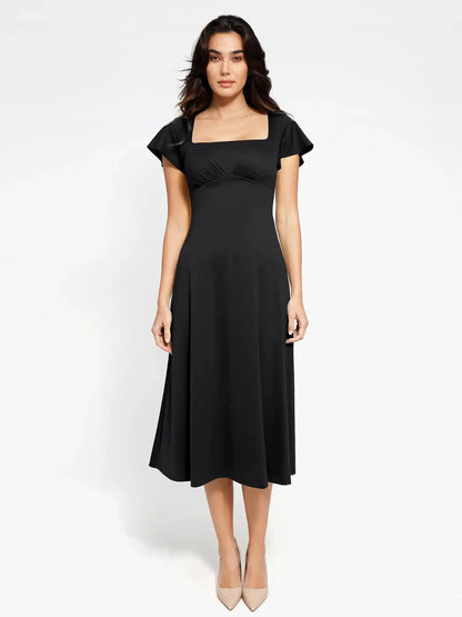 Popilush Shapewear Flutter Sleeve Sculpting A-Line Midi Dress