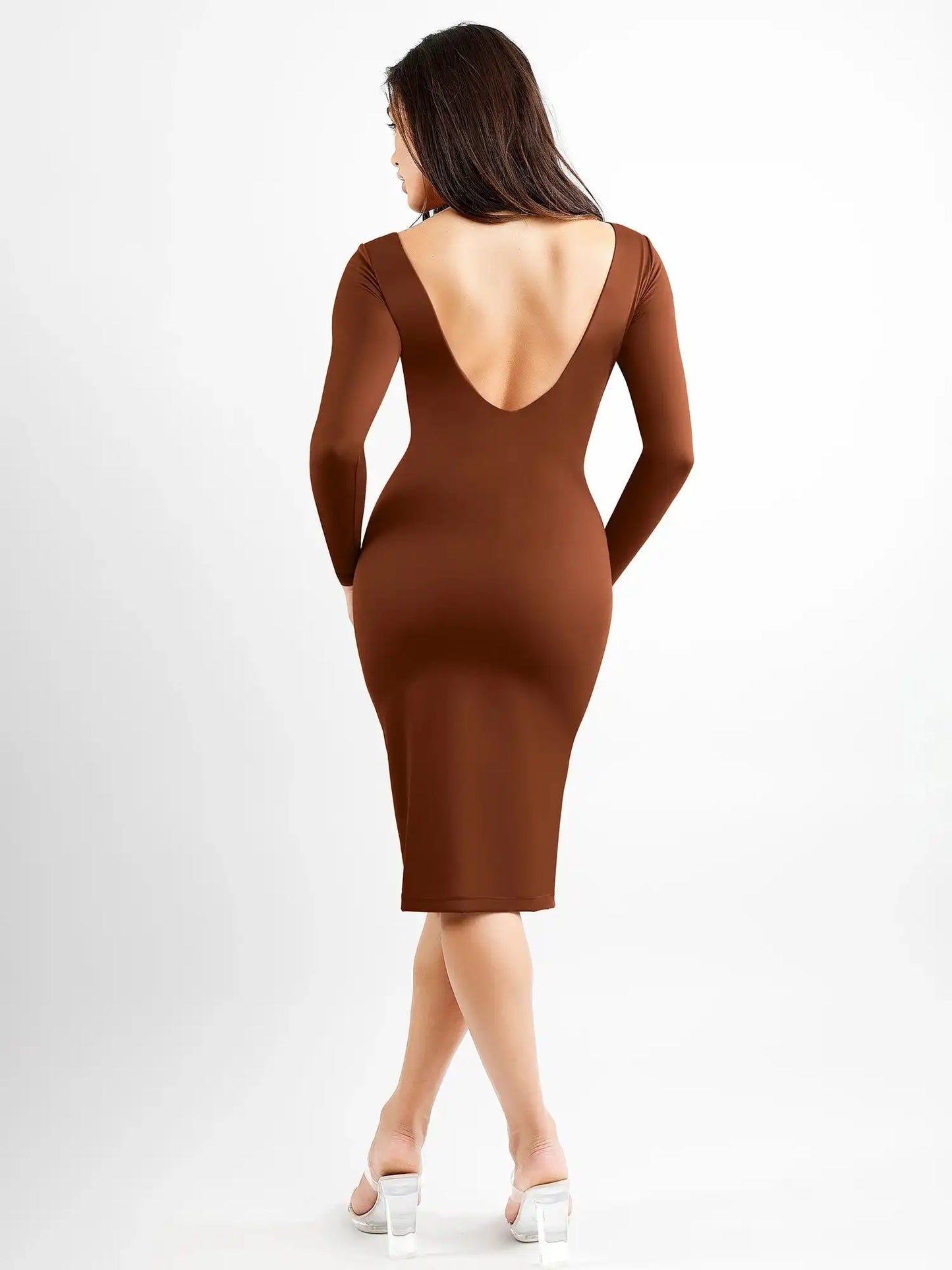 Popilush Shapewear Long Sleeve Boat Neck Sculpting Midi Dress