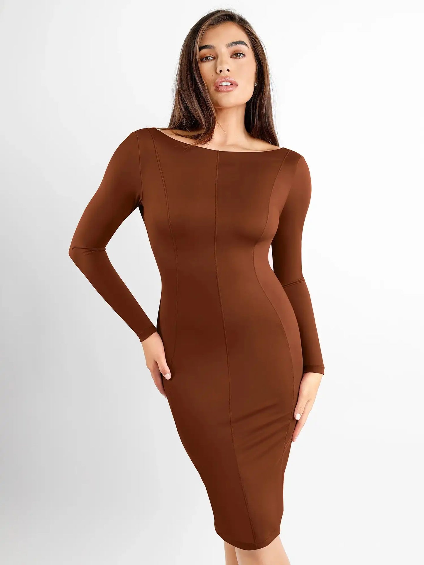 Popilush Shapewear Long Sleeve Boat Neck Sculpting Midi Dress