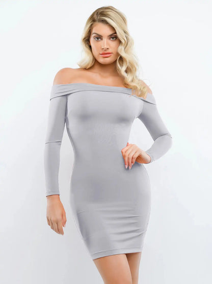 Popilush Shapewear Long Sleeve Off-the-Shoulder Bodycon Mini Dress