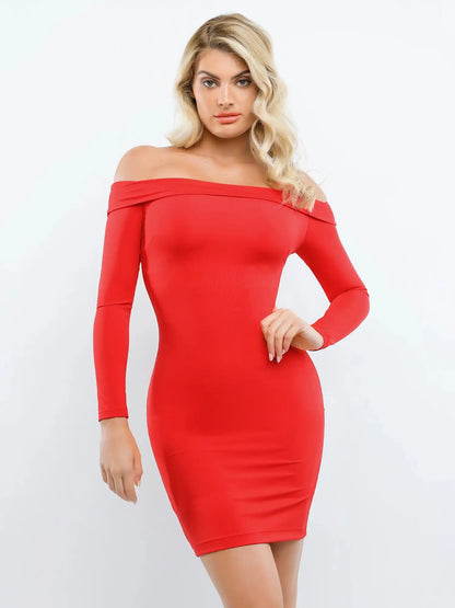 Popilush Shapewear Long Sleeve Off-the-Shoulder Bodycon Mini Dress