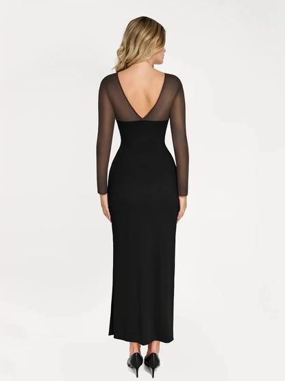 Popilush Shapewear Mesh Long Sleeve V-Back Slimming Maxi Dress