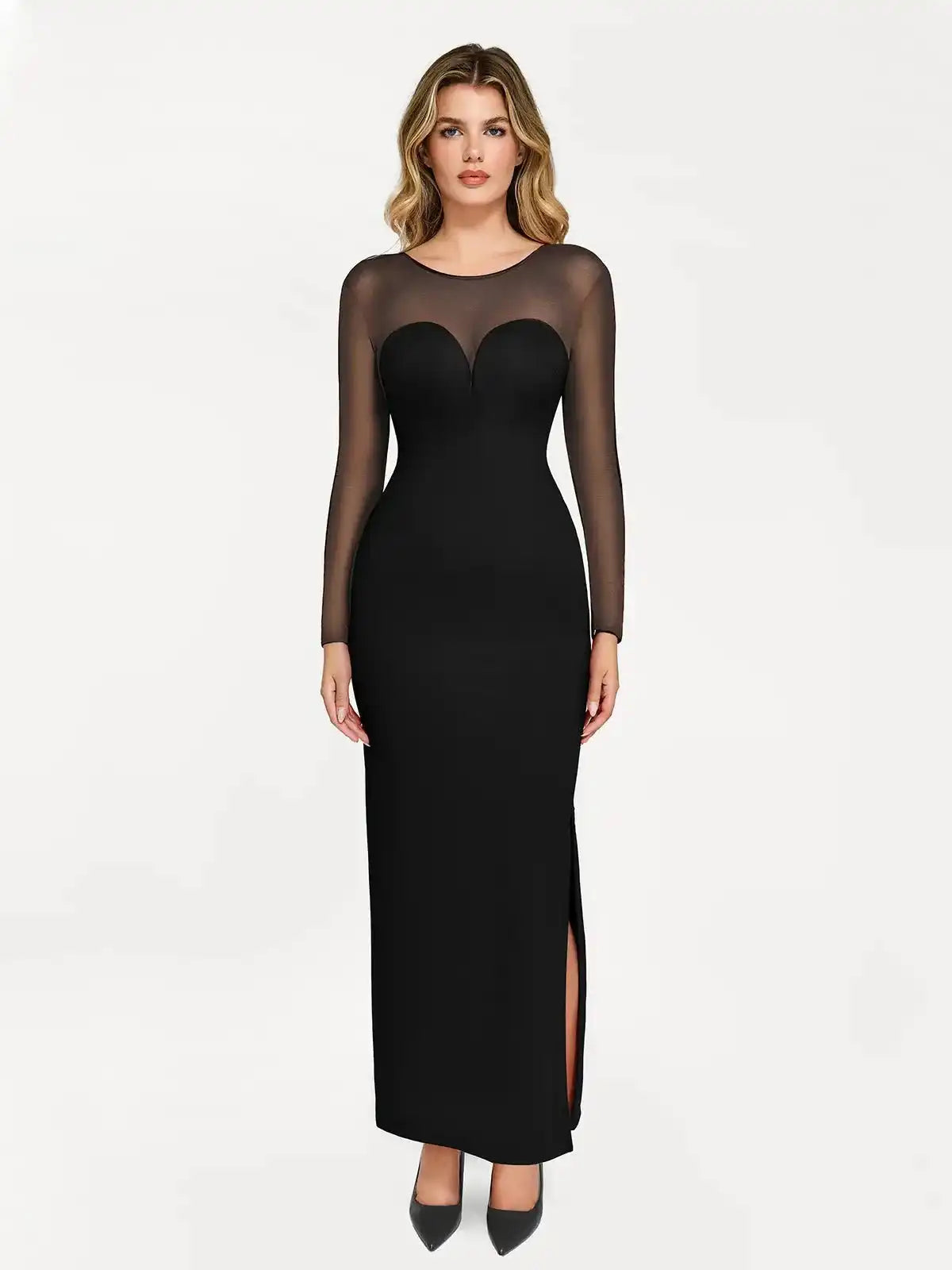 Popilush Shapewear Mesh Long Sleeve V-Back Slimming Maxi Dress