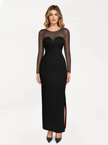 Popilush Shapewear Mesh Long Sleeve V-Back Slimming Maxi Dress