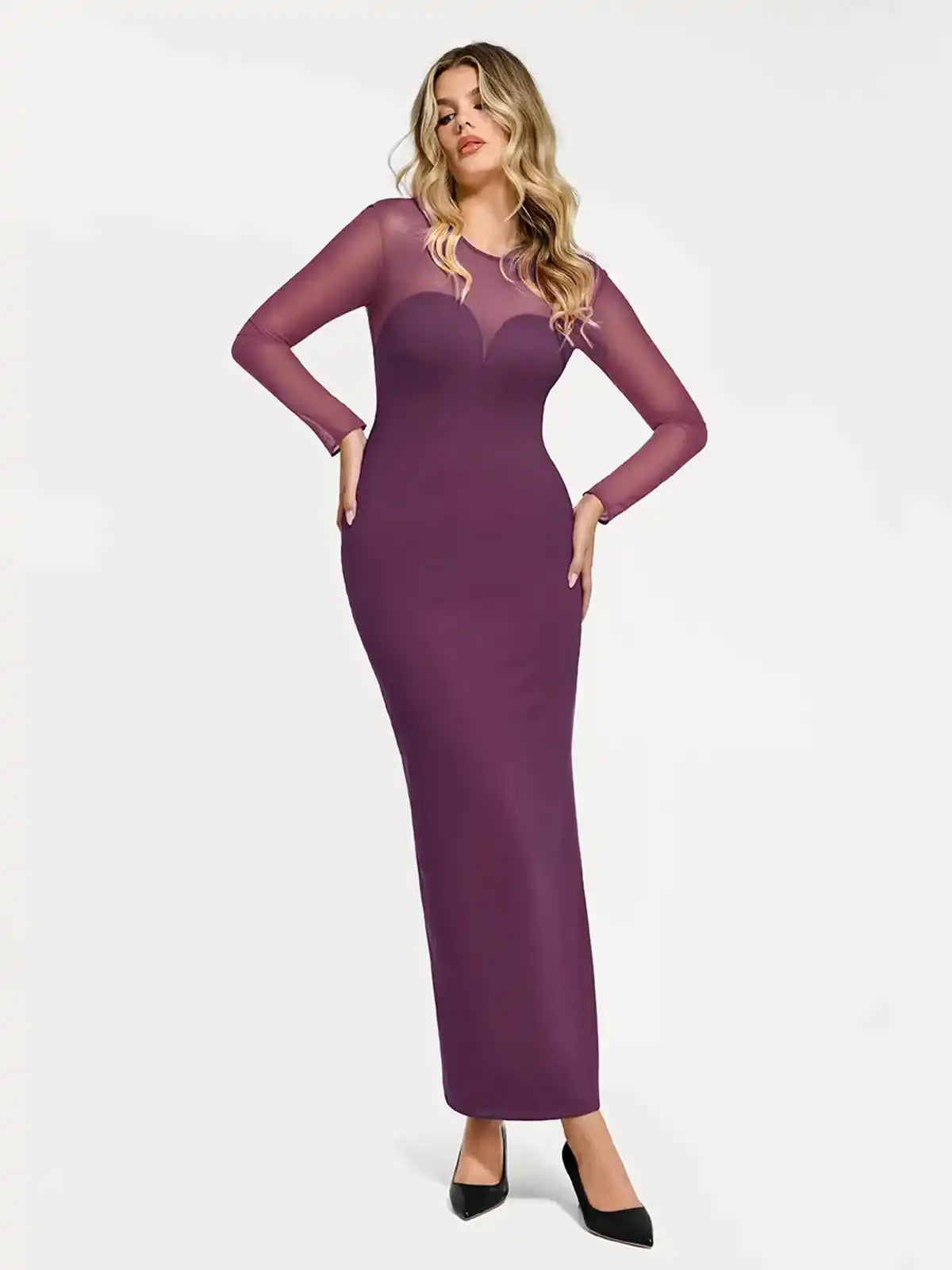 Popilush Shapewear Mesh Long Sleeve V-Back Slimming Maxi Dress