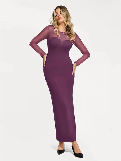 Popilush Shapewear Mesh Long Sleeve V-Back Slimming Maxi Dress