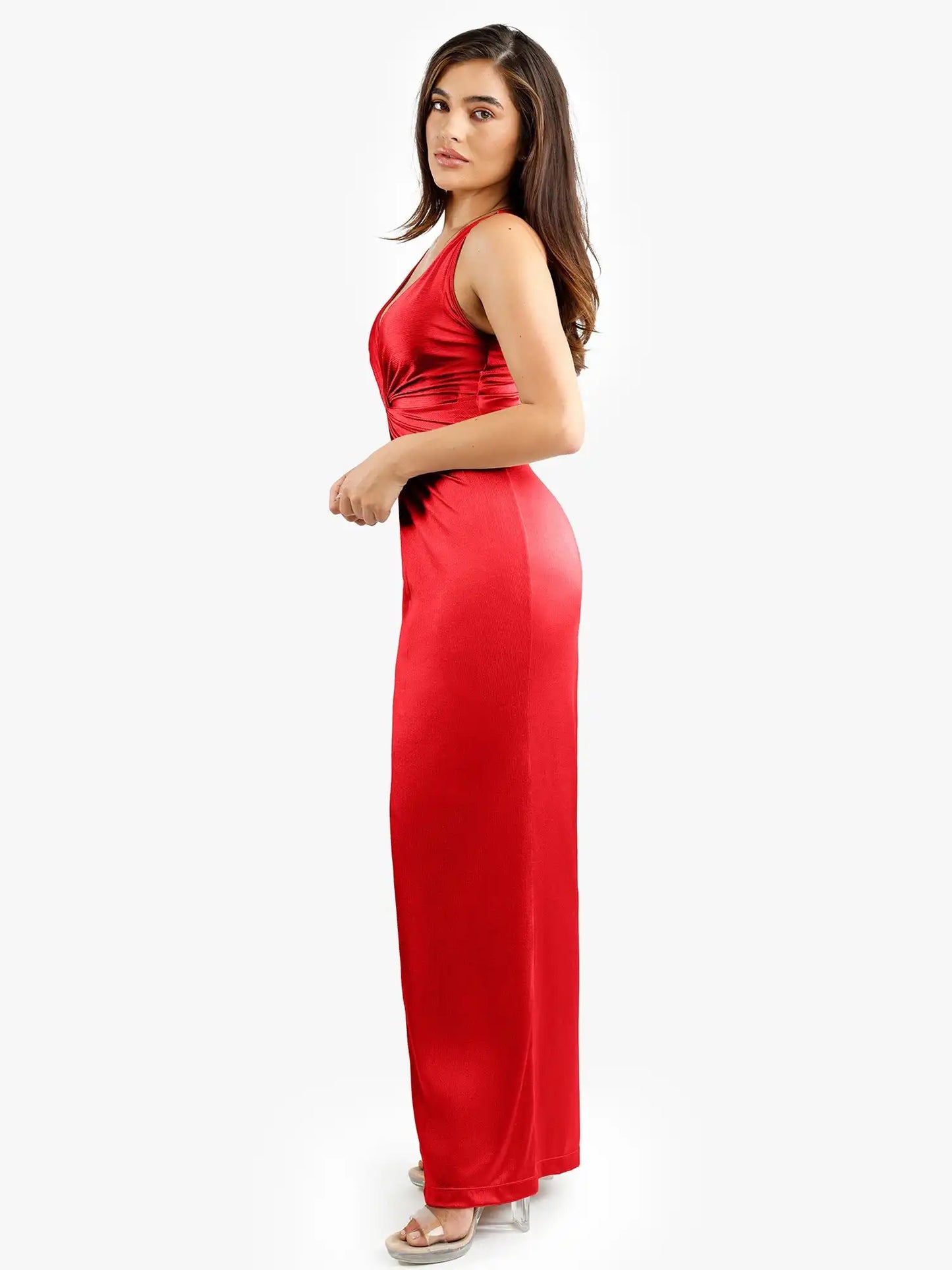 Popilush Shapewear Shine Deep V-Neck Bias Twist Hourglass Maxi Dress
