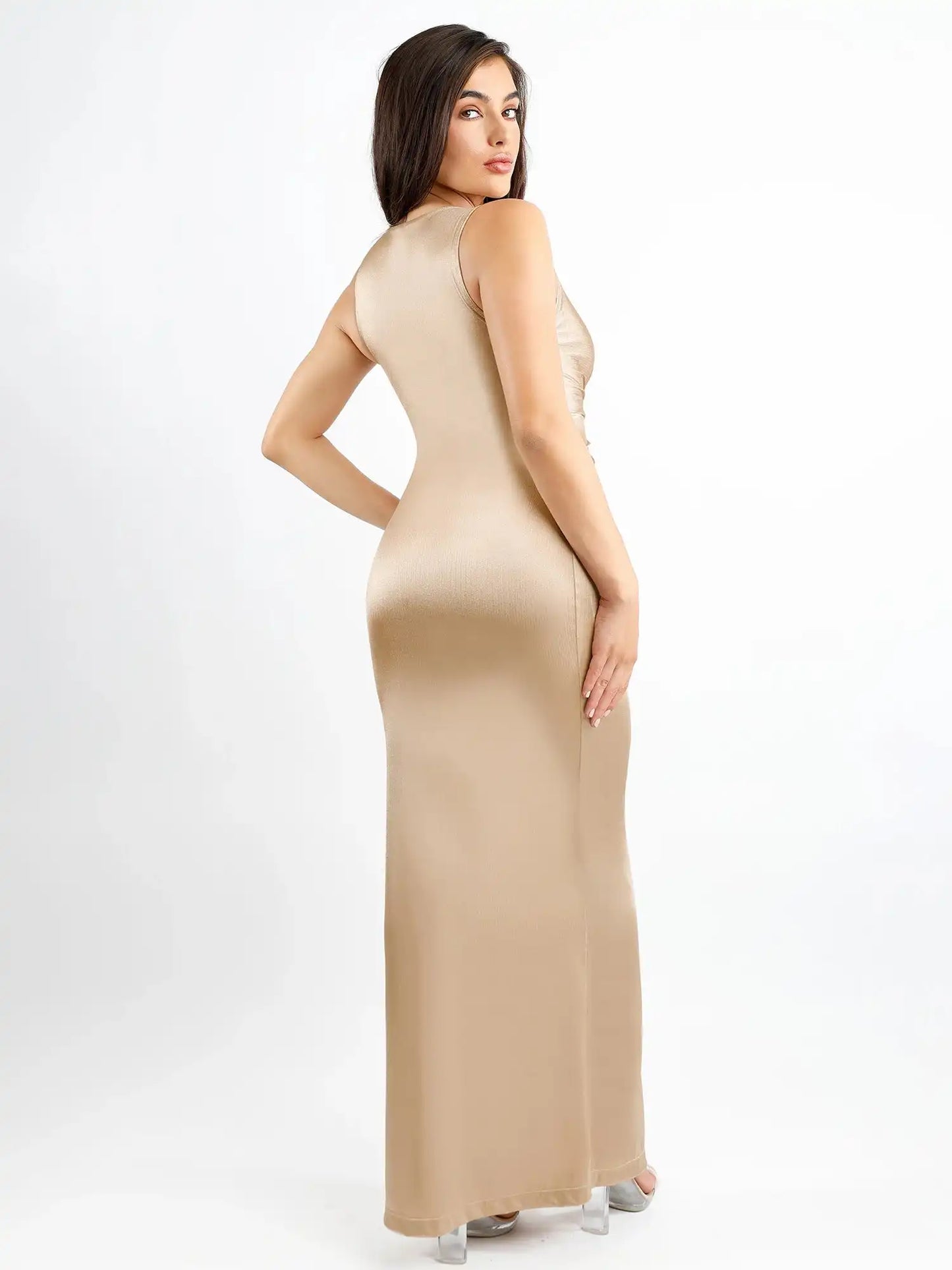 Popilush Shapewear Shine Deep V-Neck Bias Twist Hourglass Maxi Dress