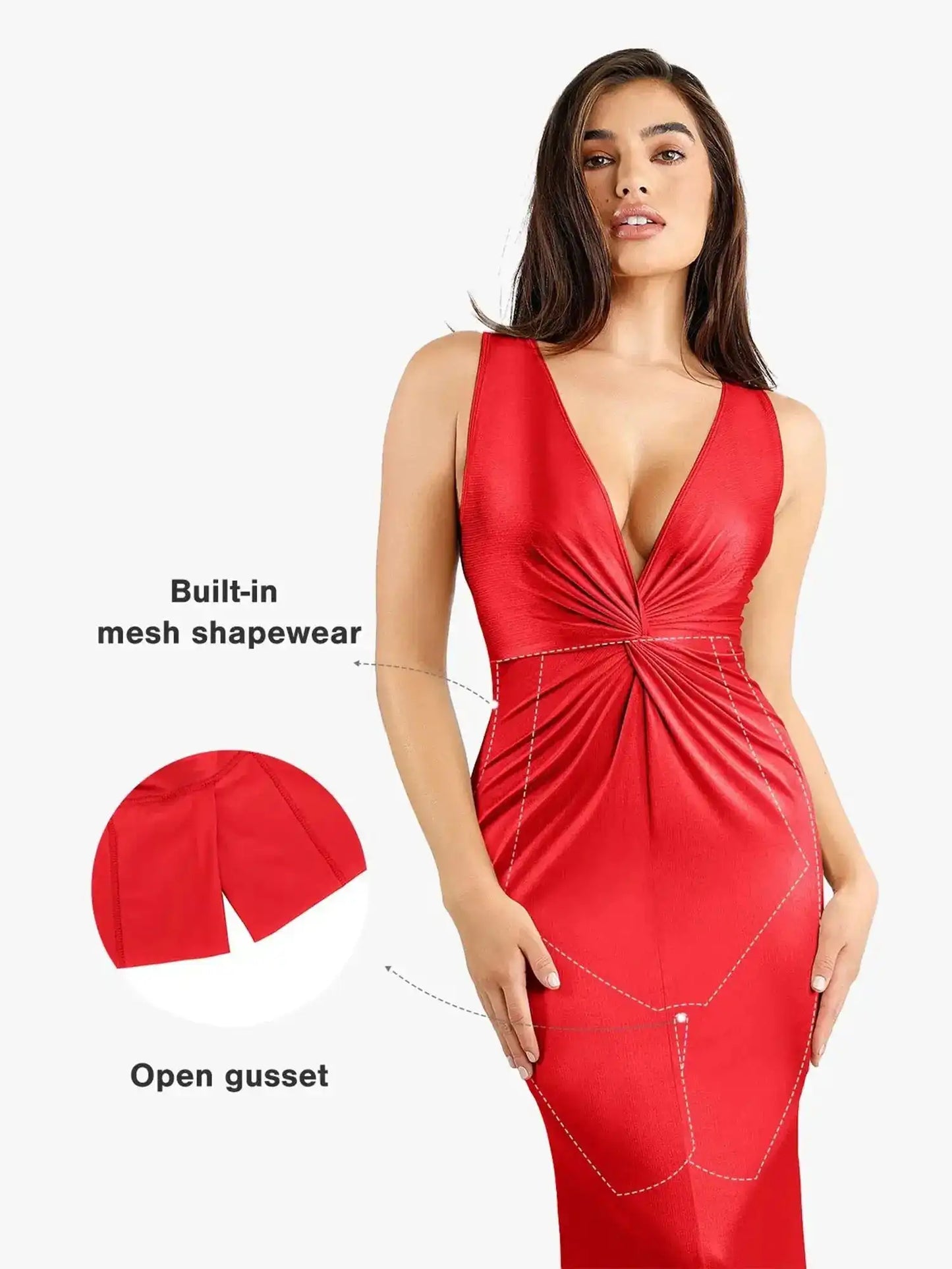 Popilush Shapewear Shine Deep V-Neck Bias Twist Hourglass Maxi Dress