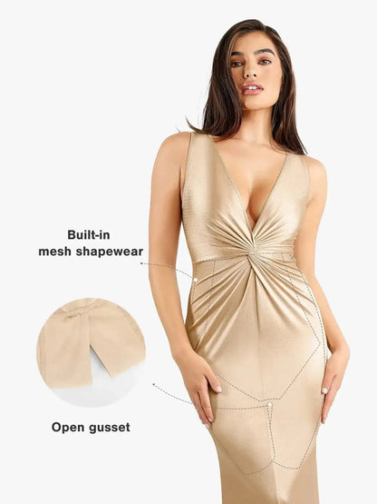 Popilush Shapewear Shine Deep V-Neck Bias Twist Hourglass Maxi Dress
