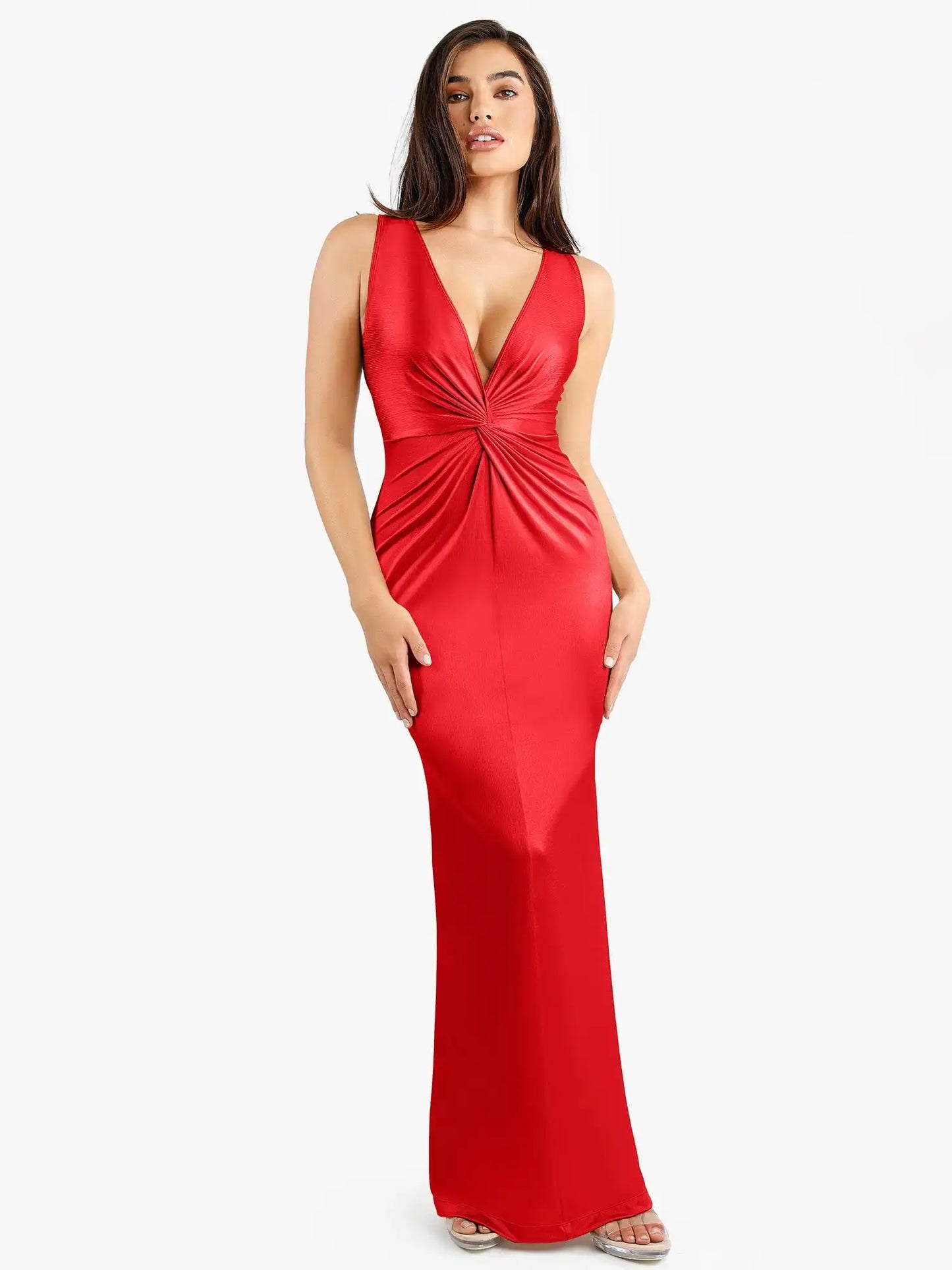 Popilush Shapewear Shine Deep V-Neck Bias Twist Hourglass Maxi Dress