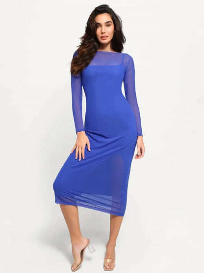 Popilush Shapewear Slimming Midi Dress and Sheer Mesh Overlay Set