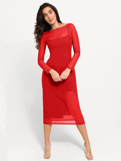 Popilush Shapewear Slimming Midi Dress and Sheer Mesh Overlay Set