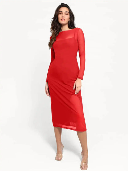 Popilush Shapewear Slimming Midi Dress and Sheer Mesh Overlay Set