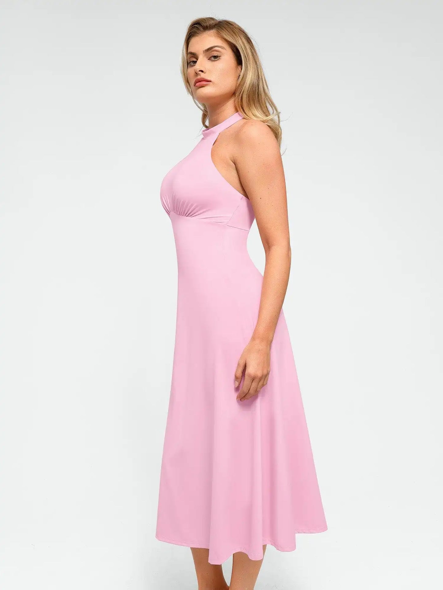 Popilush Shapewear Sculpting Backless Halter A-Line Midi Dress